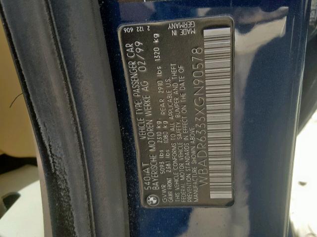 WBADR6333XGN90578 - 1999 BMW 540 IT AUT BLUE photo 10