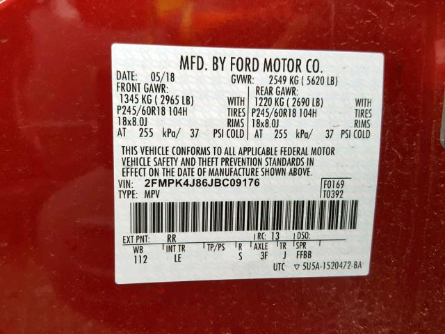 2FMPK4J86JBC09176 - 2018 FORD EDGE SEL MAROON photo 10