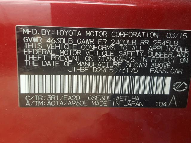 JTHBF1D29F5073175 - 2015 LEXUS IS 250 RED photo 10