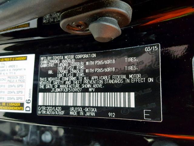 JTJBM7FX3F5109927 - 2015 LEXUS GX BLACK photo 10