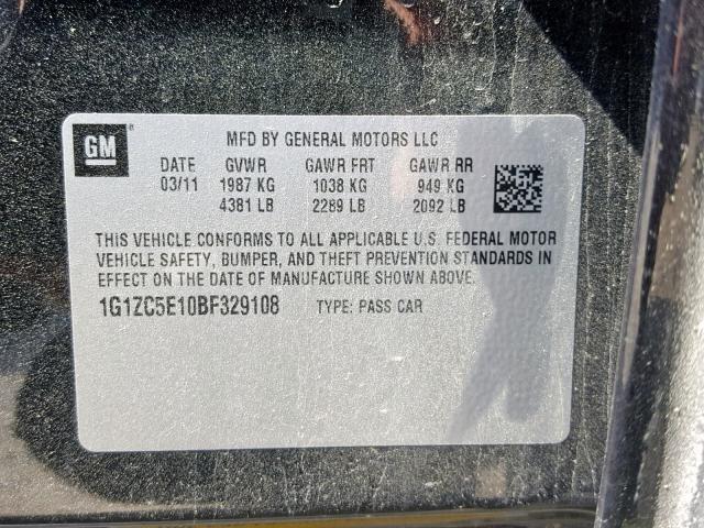 1G1ZC5E10BF329108 - 2011 CHEVROLET MALIBU 1LT 黑色 照片 10