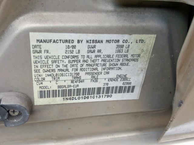 1N4DL01D61C131790 - 2001 NISSAN ALTIMA XE WHITE photo 10