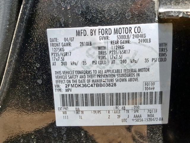 2FMDK36C47BB03828 - 2007 FORD EDGE SE BLACK photo 10