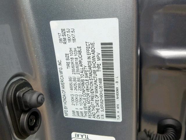 5J6RW2H90HL061468 - 2017 HONDA CR-V TOURI GRAY photo 10