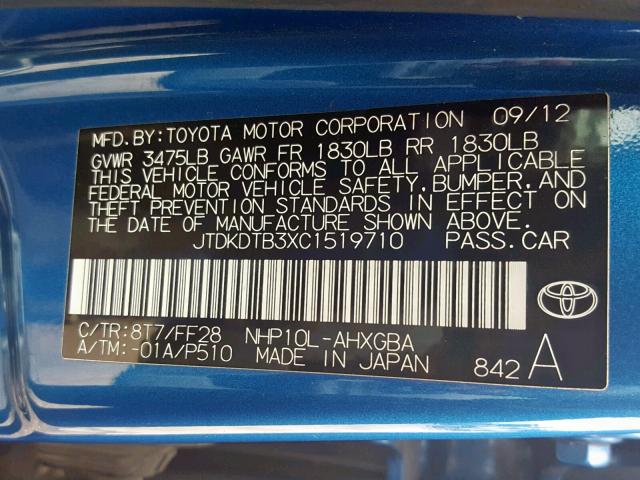 JTDKDTB3XC1519710 - 2012 TOYOTA PRIUS C BLUE photo 10