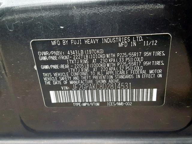 JF2GPAKC8D2814531 - 2013 SUBARU XV CROSSTR GRAY photo 10