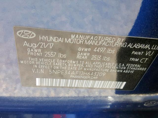 5NPE34AF1JH643209 - 2018 HYUNDAI SONATA SPO BLUE photo 10