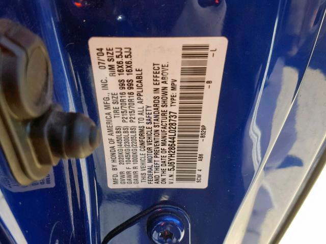 5J6YH28644L028737 - 2004 HONDA ELEMENT EX BLUE photo 10