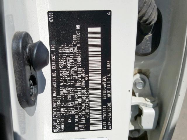 4T3ZK11A89U012730 - 2009 TOYOTA VENZA WHITE photo 10