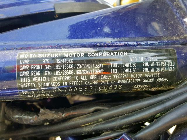 JS1GN7AA532100436 - 2003 SUZUKI GSF600 S BLUE photo 10