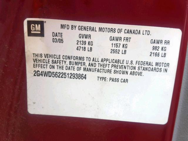 2G4WD562251293864 - 2005 BUICK LACROSSE C RED photo 10