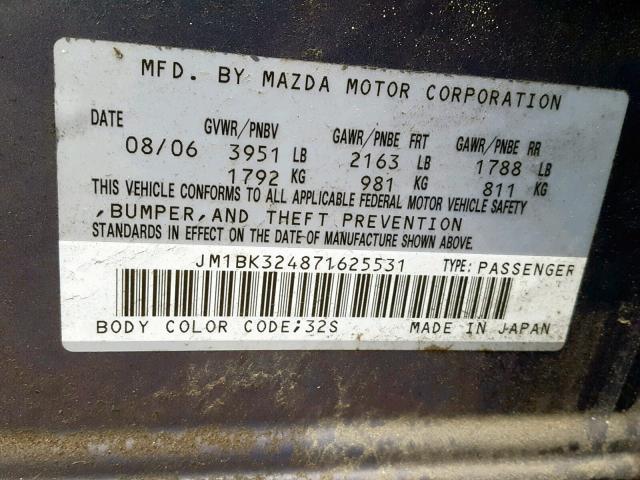 JM1BK324871625531 - 2007 MAZDA 3 S BLUE photo 10