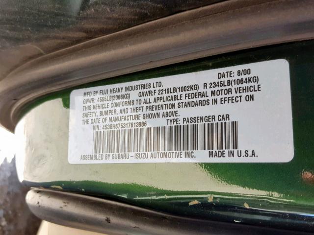 4S3BH675317613986 - 2001 SUBARU LEGACY OUT GREEN photo 10