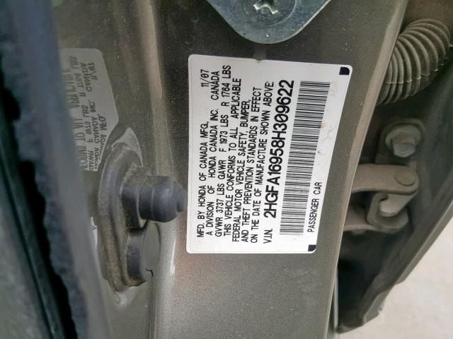 2HGFA16958H309622 - 2008 HONDA CIVIC EXL 灰色 照片 10