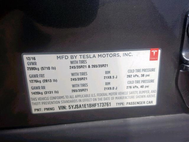 5YJSA1E18HF173761 - 2017 TESLA MODEL S CHARCOAL photo 10