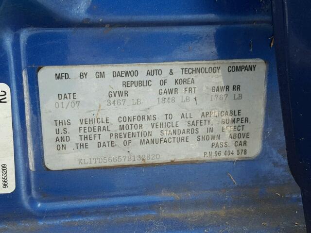 KL1TD56657B132820 - 2007 CHEVROLET AVEO BASE ლურჯი ფოტო 10