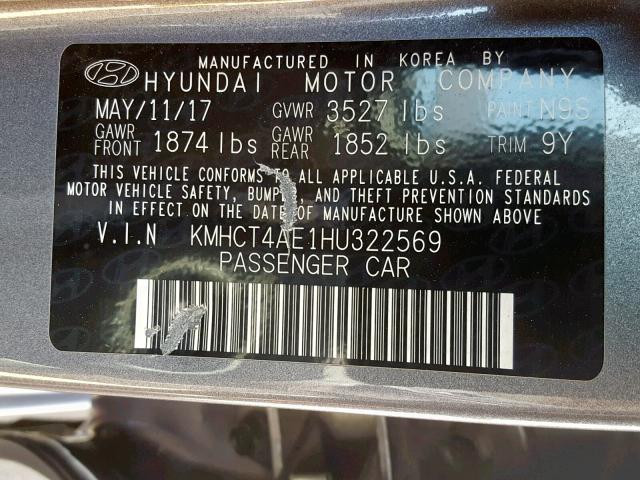 KMHCT4AE1HU322569 - 2017 HYUNDAI ACCENT SE GRAY photo 10