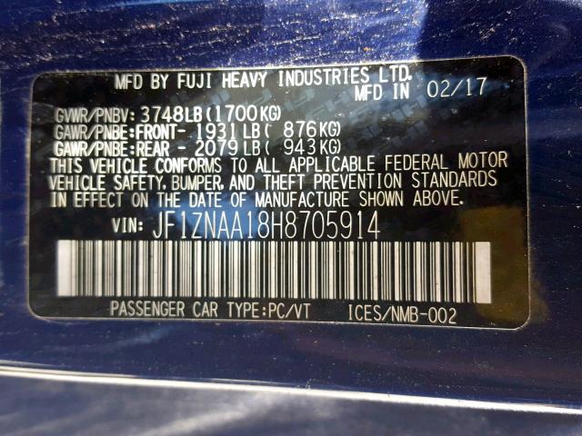 JF1ZNAA18H8705914 - 2017 TOYOTA 86 BASE BLUE photo 10