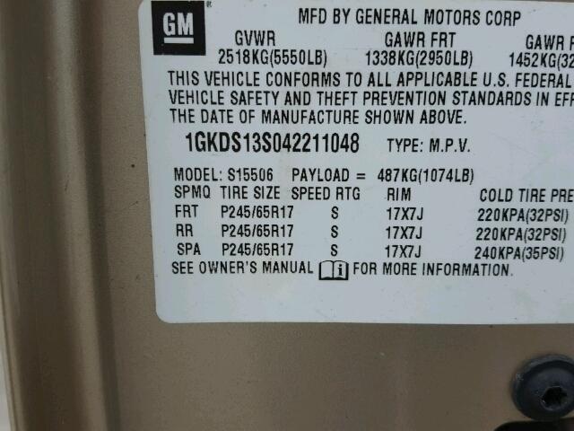 1GKDS13S042211048 - 2004 GMC ENVOY GOLD photo 10