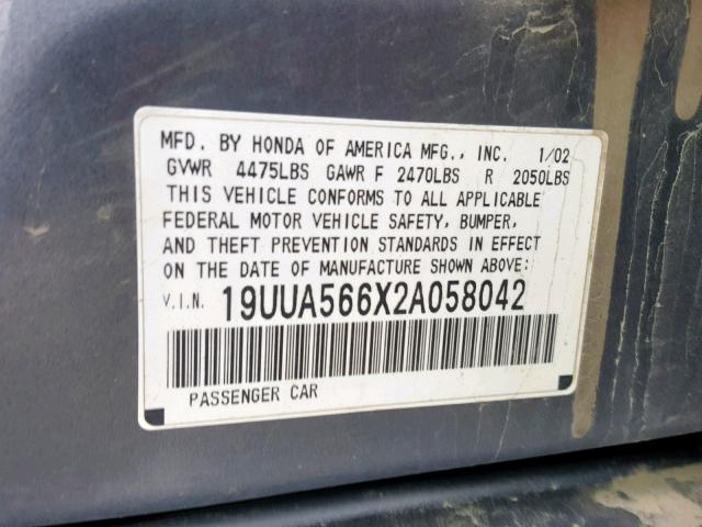 19UUA566X2A058042 - 2002 ACURA 3.2 TL GRAY photo 10