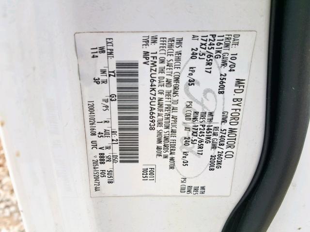 1FMZU64K75UA66938 - 2005 FORD EXPLORER E WHITE photo 10