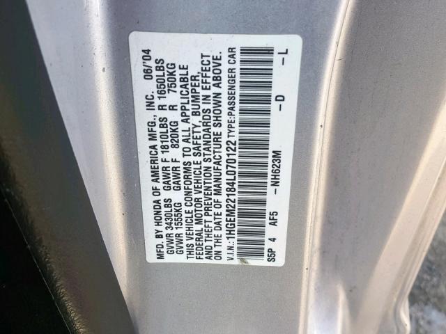 1HGEM22184L070122 - 2004 HONDA CIVIC DX V SILVER photo 10