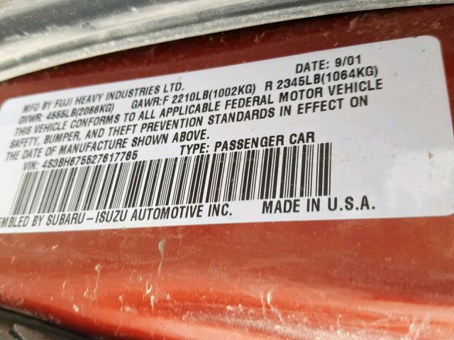 4S3BH675527617765 - 2002 SUBARU LEGACY OUT RED photo 10