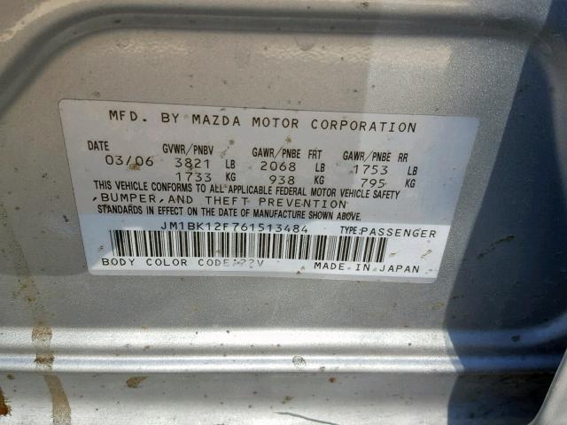 JM1BK12F761513484 - 2006 MAZDA 3 I SILVER photo 10