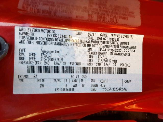 1FAHP3N22CL222364 - 2012 FORD FOCUS TITA RED photo 10