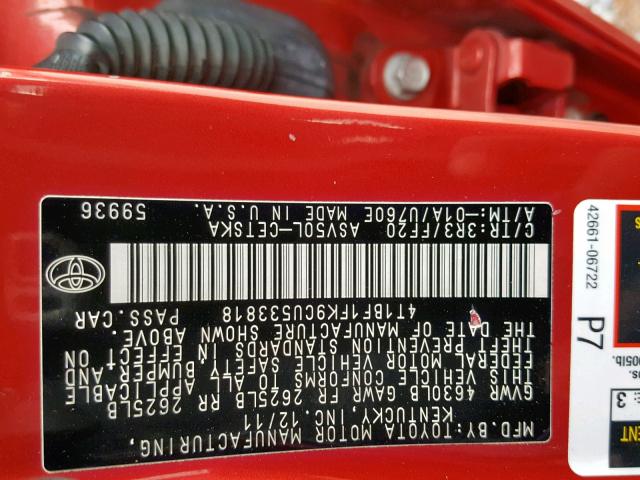 4T1BF1FK9CU533818 - 2012 TOYOTA CAMRY BASE RED photo 10