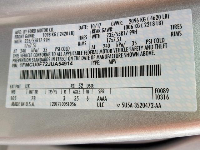 1FMCU0F72JUA54914 - 2018 FORD ESCAPE S SILVER photo 10