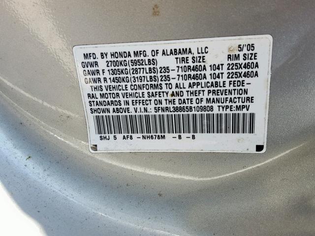 5FNRL38865B109808 - 2005 HONDA ODYSSEY TO SILVER photo 10