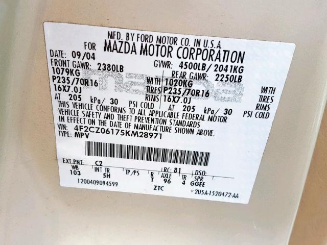 4F2CZ06175KM28971 - 2005 MAZDA TRIBUTE S GOLD photo 10