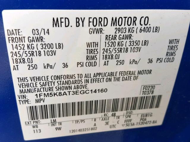 1FM5K8AT3EGC14160 - 2014 FORD EXPLORER P BLUE photo 10