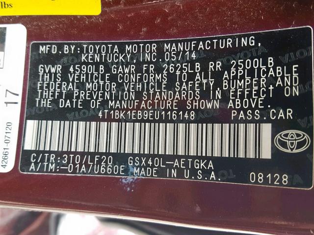 4T1BK1EB9EU116148 - 2014 TOYOTA AVALON BAS MAROON photo 10