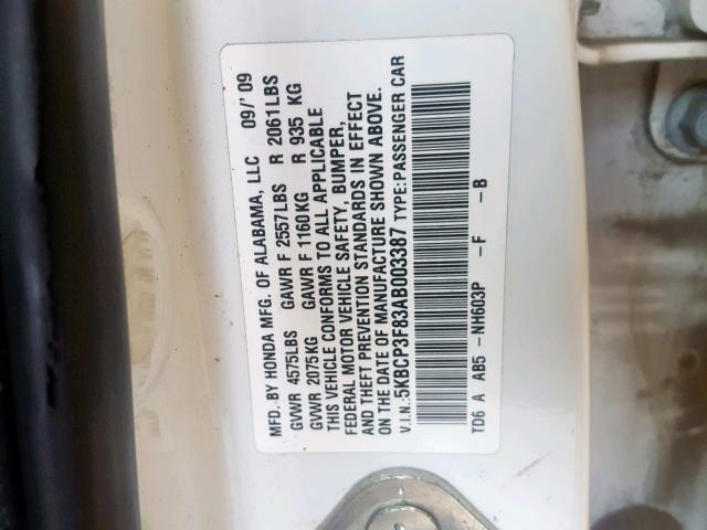 5KBCP3F83AB003387 - 2010 HONDA ACCORD EXL WHITE photo 10