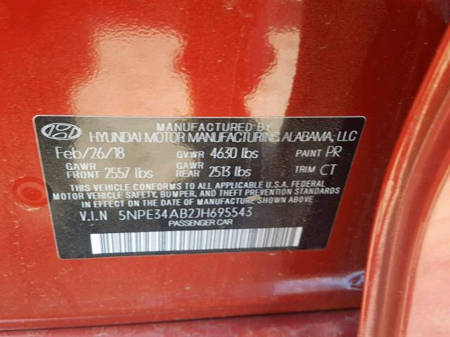 5NPE34AB2JH695543 - 2018 HYUNDAI SONATA SPO RED photo 10