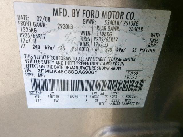 2FMDK46C88BA69061 - 2008 FORD EDGE SE SILVER photo 10