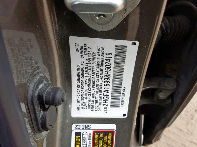 2HGFA16998H502419 - 2008 HONDA CIVIC EXL 灰色 照片 10