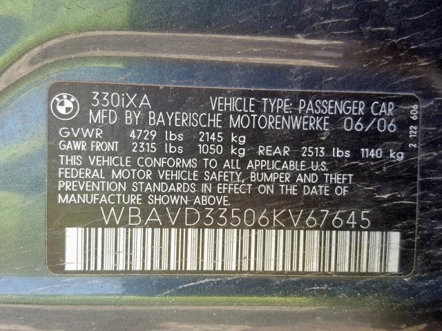 WBAVD33506KV67645 - 2006 BMW 330 XI GRAY photo 10