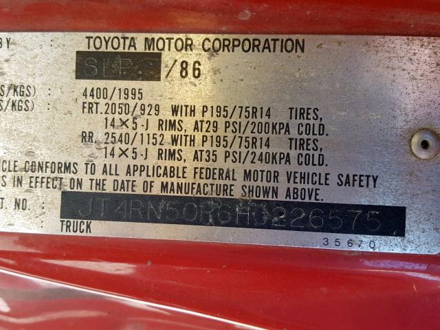 JT4RN50R6H0226575 - 1987 TOYOTA PICKUP 1/2 RED photo 10