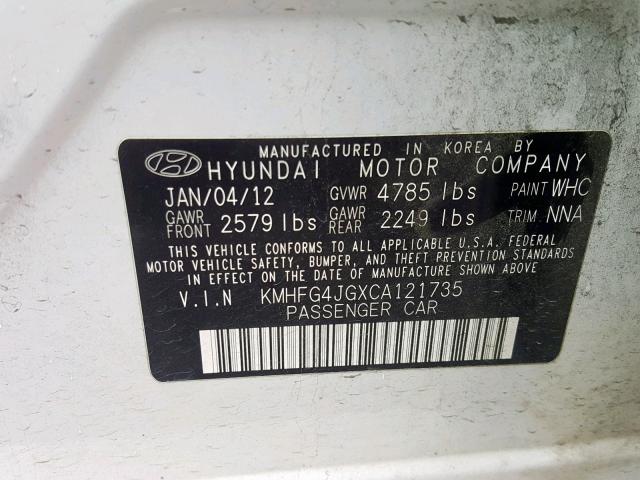 KMHFG4JGXCA121735 - 2012 HYUNDAI AZERA GLS WHITE photo 10