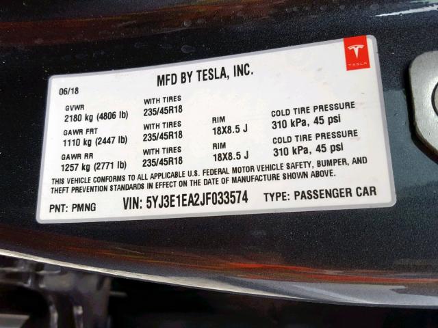 5YJ3E1EA2JF033574 - 2018 TESLA MODEL 3 BLUE photo 10