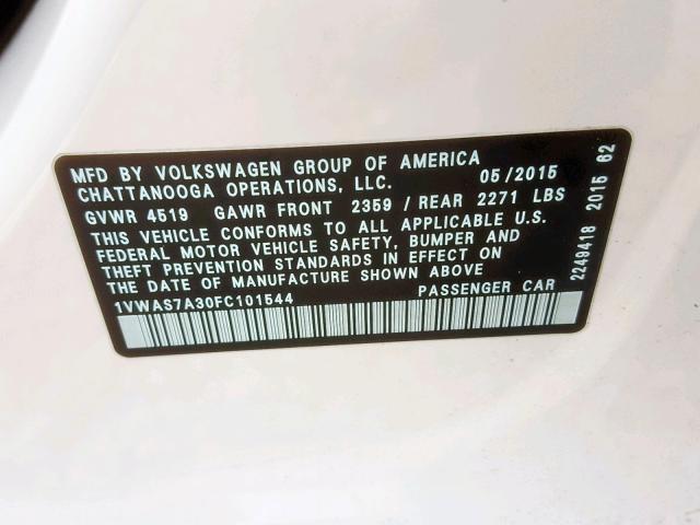 1VWAS7A30FC101544 - 2015 VOLKSWAGEN PASSAT S WHITE photo 10