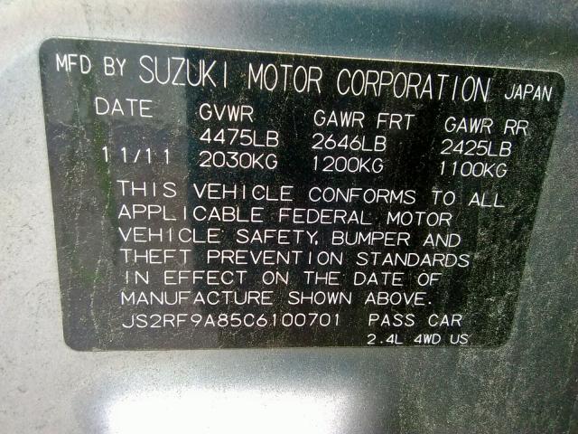 JS2RF9A85C6100701 - 2012 SUZUKI KIZASHI SP SILVER photo 10