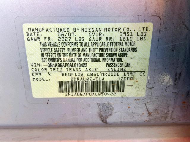 3N1AB6AP0AL610422 - 2010 NISSAN SENTRA 2.0 SILVER photo 10