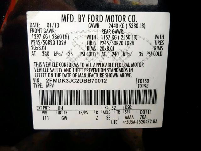 2FMDK3JC2DBB70012 - 2013 FORD EDGE SEL BLACK photo 10