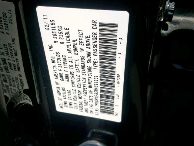 1HGCP2F85BA091931 - 2011 HONDA ACCORD EXL BLACK photo 10