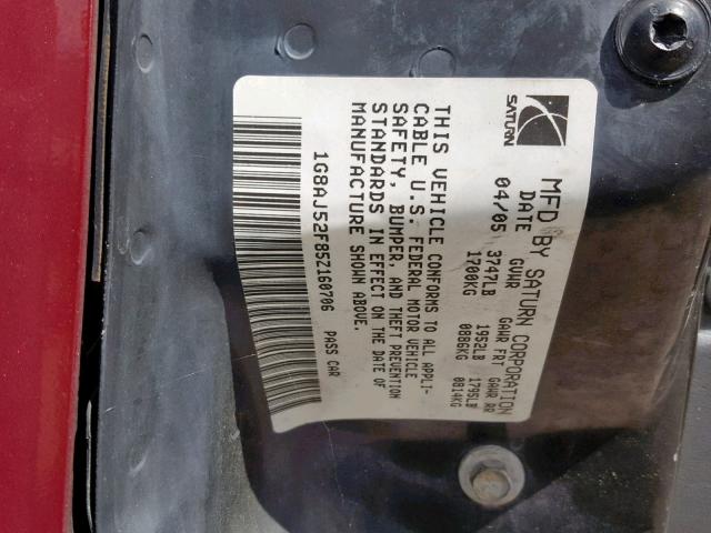 1G8AJ52F85Z160706 - 2005 SATURN ION LEVEL RED photo 10