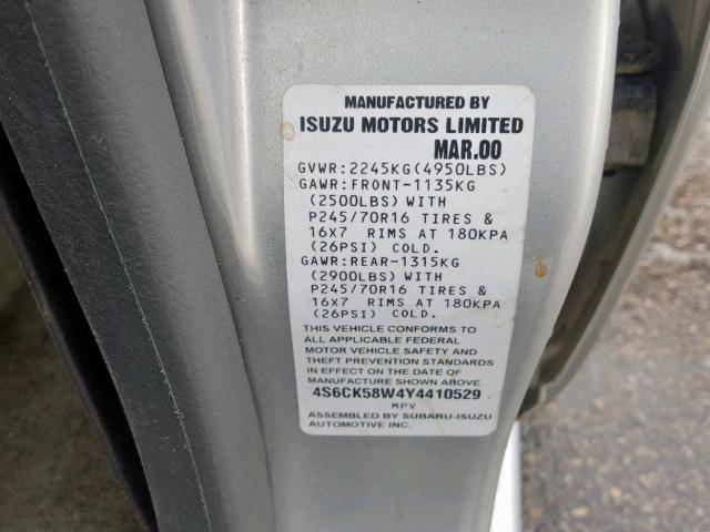 4S6CK58W4Y4410529 - 2000 HONDA PASSPORT E SILVER photo 10